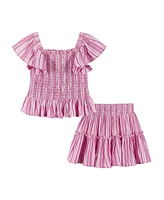 Andy & Evan Little Girls Toddler/Child Pink Striped Smocked Top Tiered Skirt Set