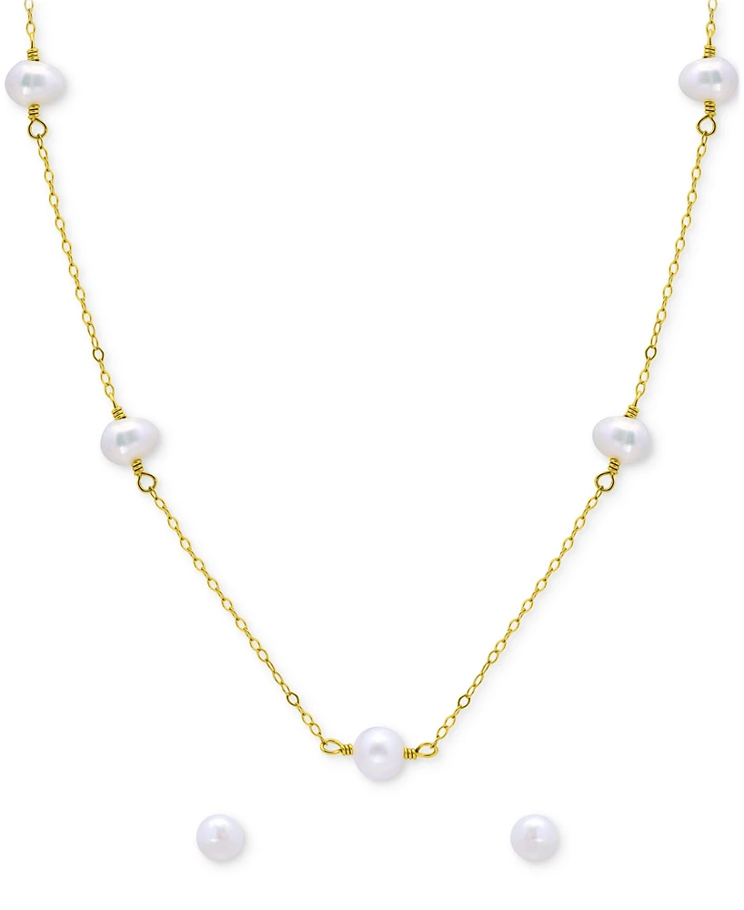 Two-Pc. Set White Cultured Freshwater Pearl (6mm) Collar Necklace & Stud Earrings 18k gold