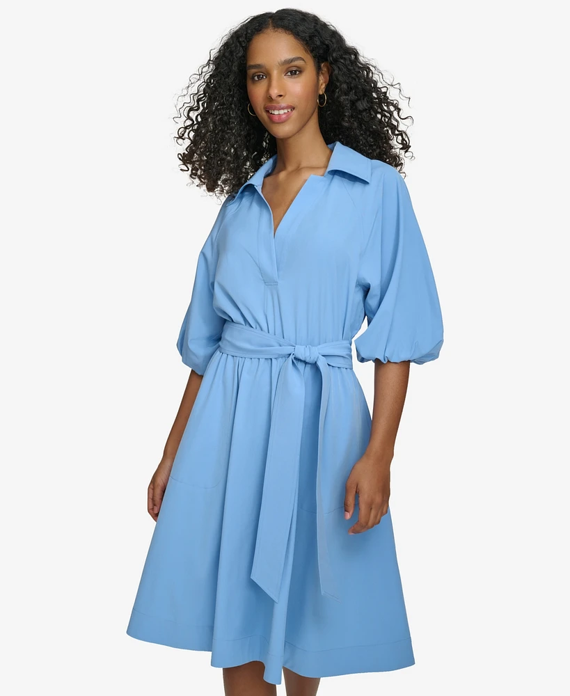 Calvin Klein Women's Split-Neck Puff-Sleeve A-Line Dress