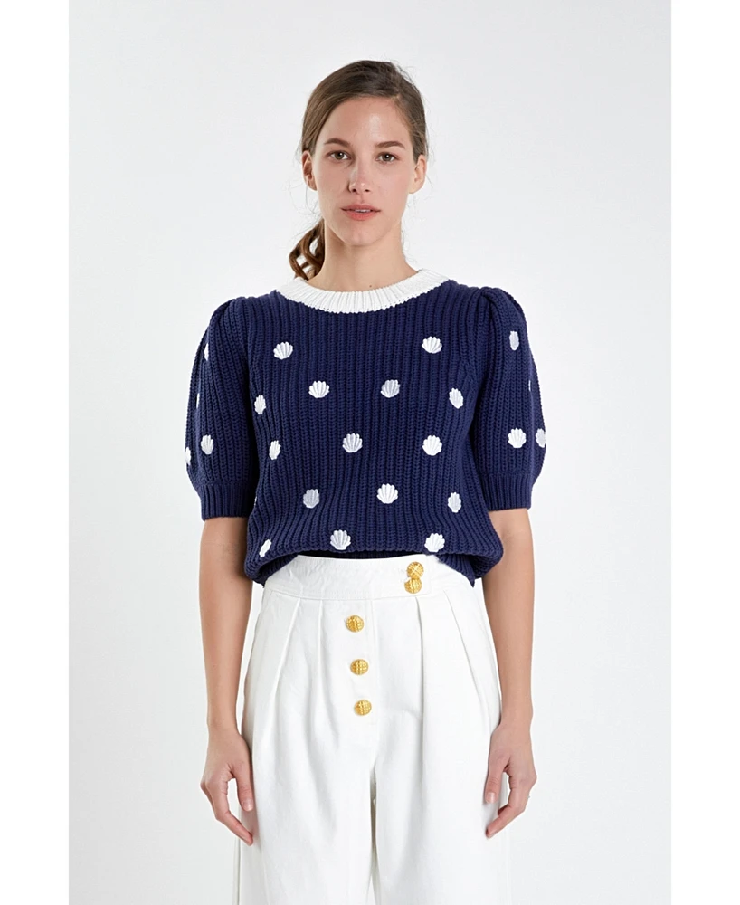 Women's Shell Embroidered Puff Sleeve Sweater