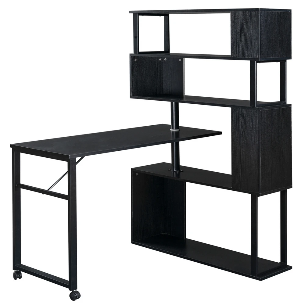 Home Office Computer Desk L-Shaped Corner Table, Rotating Computer Table with 5-Tier Bookshelf