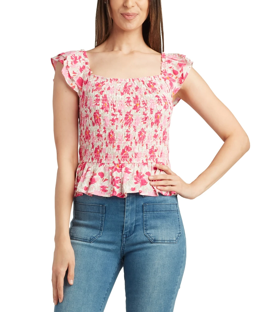 Bcx Juniors' Floral Smocked Flutter-Sleeve Top