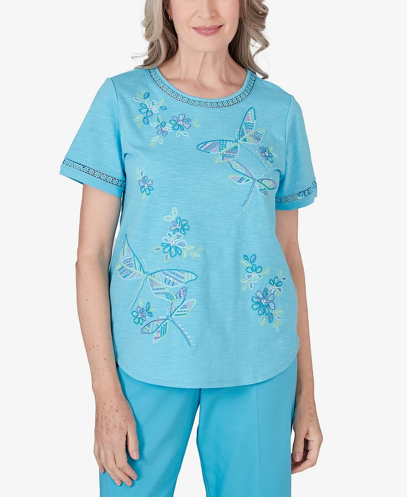 Alfred Dunner Women's Summer Breeze Dragonfly Embroidery Top