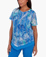 Alfred Dunner Women's Neptune Beach Tie Dye Textured Top with Necklace