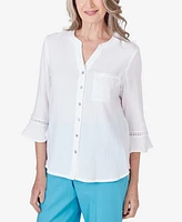 Alfred Dunner Petite Summer Breeze V-neck Button Down Gauze Top