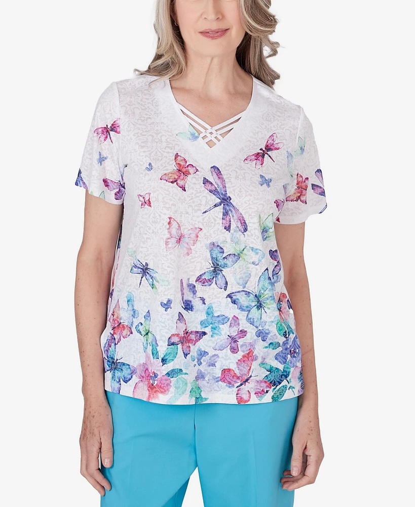 Alfred Dunner Petite Summer Breeze Butterfly Print Short Sleeve Top