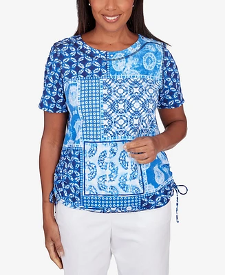 Alfred Dunner Petite Blue Bayou Women's Patchwork Ikat Ruched T-Shirt