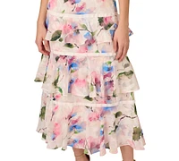 Adrianna Papell Women's Printed Straight-Neck Tiered Chiffon Dress