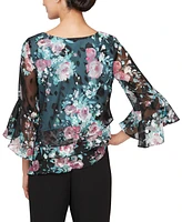 Alex Evenings Floral-Print Asymmetrical-Hem Bell-Sleeve Tiered Top