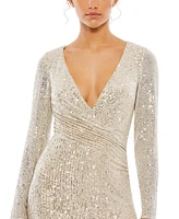 Mac Duggal Women's Ieena Sequined Faux Wrap Long Sleeve Column Gown