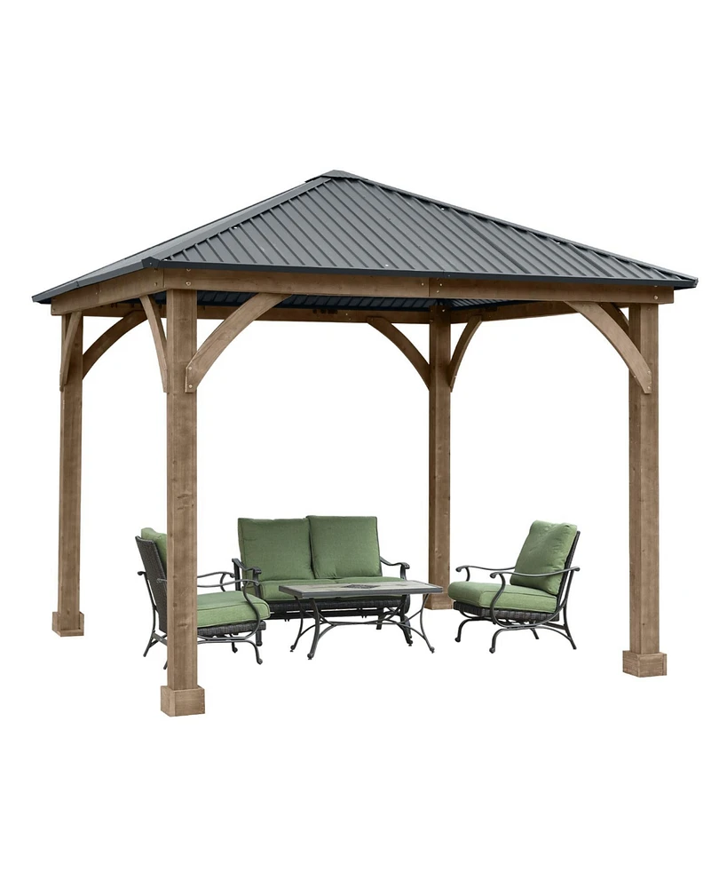 Aoodor Patio Solid Wooden Gazebo 9.4ftx9.4ftx9.5ft. Hardtop Roof for Garden - Grey