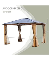 Aoodor 12ftx9.7ftx8.3ft. Wooden Finish Coated Aluminum Frame Gazebo with Polycarbonate Roof, Outdoor Gazebos with Curtains and Nettings, for Patio Bac