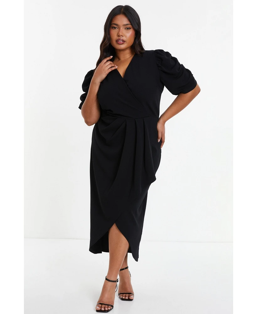 Quiz Plus Wrap Pleated Ruched Sleeve Midi Dress