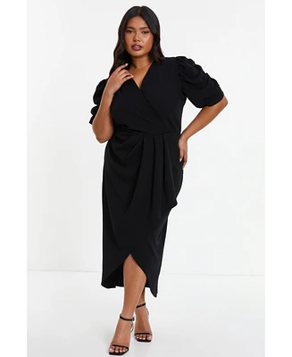 Quiz Women's Plus Size Wrap Pleated Ruched Sleeve Midi Dress