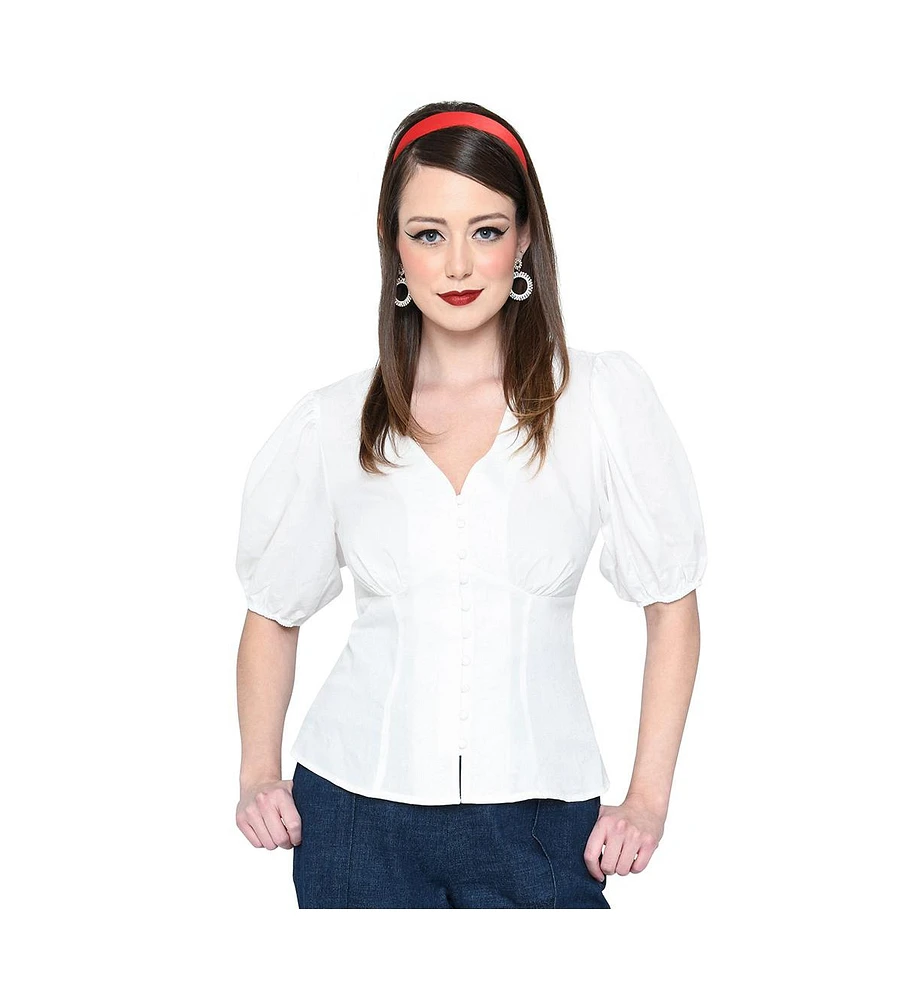 Short Puff Sleeve Button Front Blouse