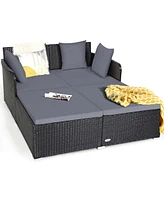 Costway Outdoor Patio Rattan Daybed Pillows Cushioned Sofa Furniture