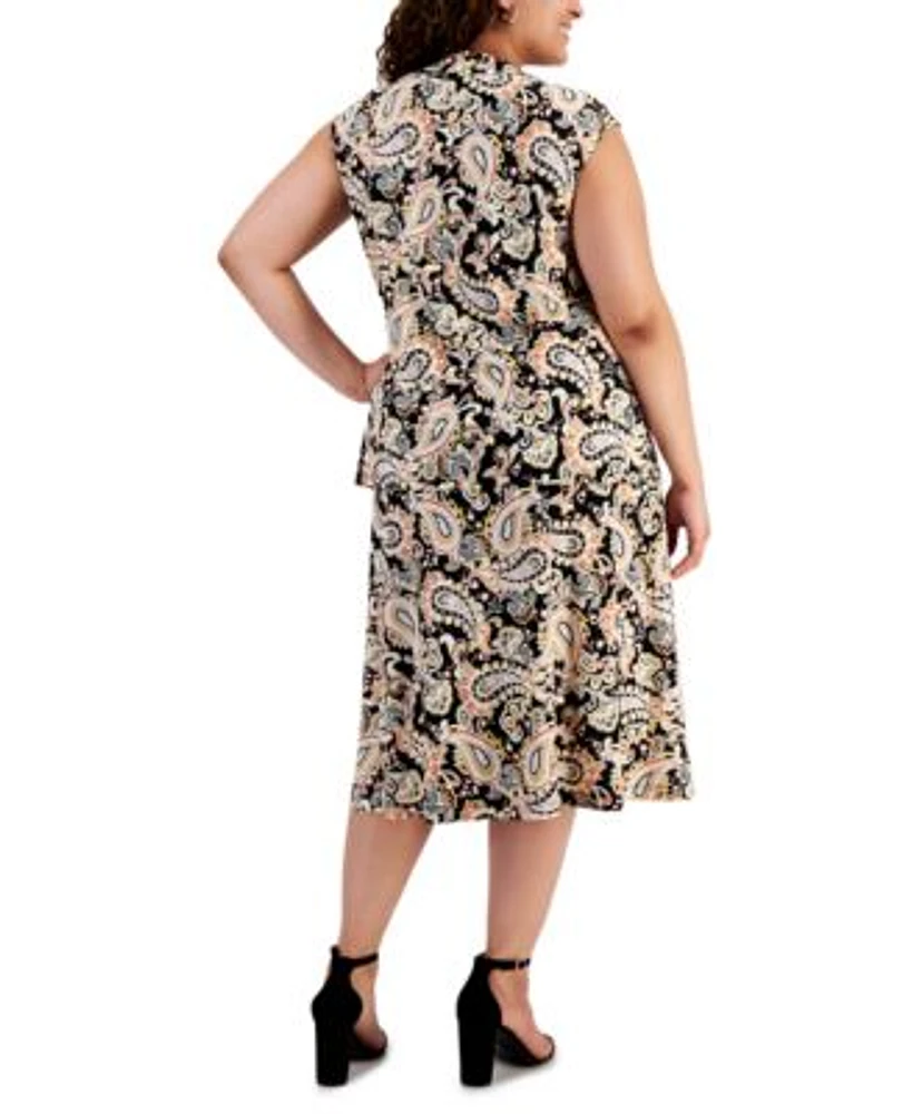 Kasper Plus Size Printed Cowlneck Top Midi Skirt