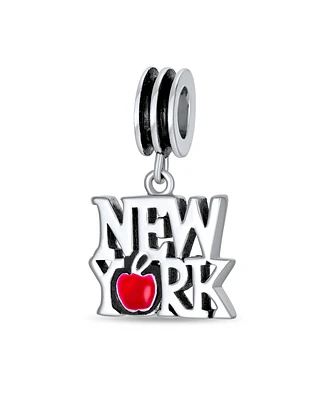 Red Big Apple Travel Vacation Tourism Saying I Love New York Dangle Charm Bead For Women Enamel .925 Sterling Silver Fits European Bracelet