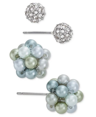 Charter Club Silver-Tone 2-Pc. Set Pave Fireball & Color Imitation Pearl Stud Earrings, Created for Macy's