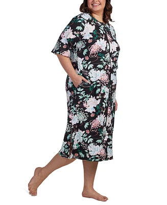 Miss Elaine Plus Size Printed 3/4-Sleeve Zip-Front Robe