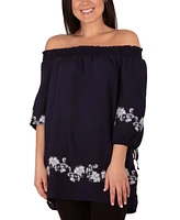 Ny Collection Women's Embroidered Elbow Sleeve Peasant Blouse