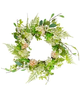 Northlight Hydrangea and Fern Spring Floral Berry Wreath, 28"