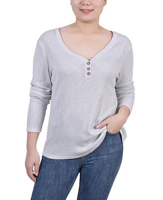 Ny Collection Women's Long Sleeve Ribbed Henley Top