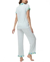C. Wonder Women's Printed Notch Collar Short Sleeve with Ruffle and Pants 2 Pc. Pajama Set