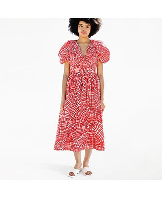 Jessie Zhao New York Red Gingham Taffeta Midi Dress