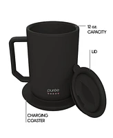 Tzumi Puree Warming Coffee Mug, 12 oz. Stainless Steel Mug with Warmer Coaster and Lid
