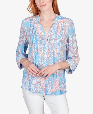 Ruby Rd. Petite Silky Gauze Patio Party Patchwork Button Front Top