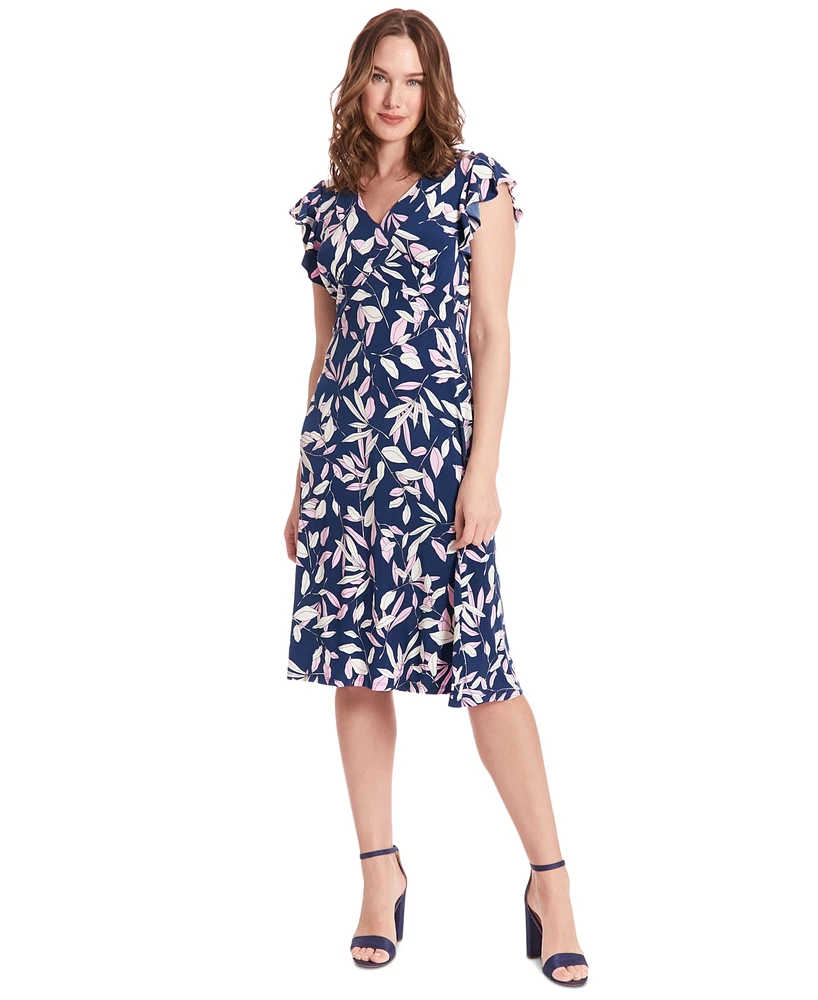 London Times Petite Flutter-Sleeve Midi Dress