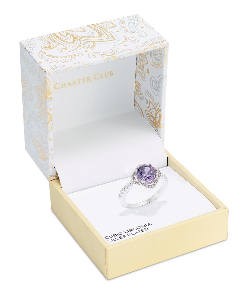 Charter Club Silver-Tone Pave & Purple Cubic Zirconia Flower Ring, Created for Macy's