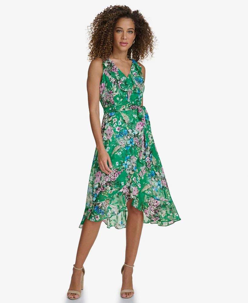 kensie Women's Floral-Print Ruffled Sleeveless Midi Dress