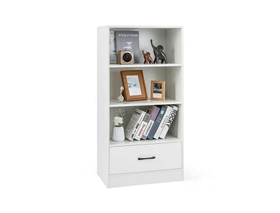 4-Tier Storage Bookcase with Open Shelves Drawer and Anti-toppling Device