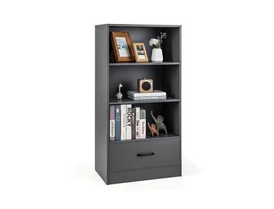 4-Tier Storage Bookcase with Open Shelves Drawer and Anti-toppling Device