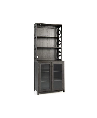 Tall Freestanding Bar Cabinet Buffet with Glass Holder and Adjustable Shelf-Grey