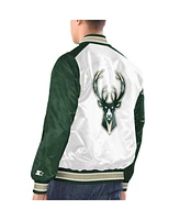 Men's Starter White, Hunter Green Milwaukee Bucks Renegade Satin Full-Snap Varsity Jacket