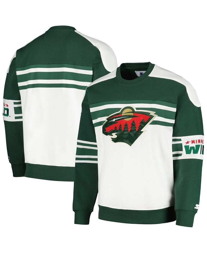 Men's Starter White Minnesota Wild Defense Fleece Crewneck Pullover Sweatshirt