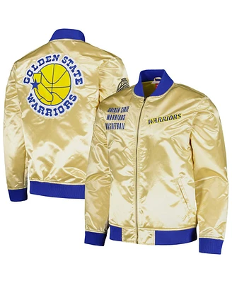 Men's Mitchell & Ness Gold Distressed Golden State Warriors Team Og 2.0 Vintage-Like Logo Satin Full-Zip Jacket