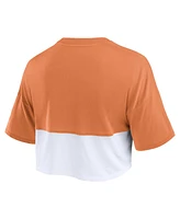 Women's Fanatics Texas Orange, White Distressed Longhorns Oversized Badge Colorblock Cropped T-shirt