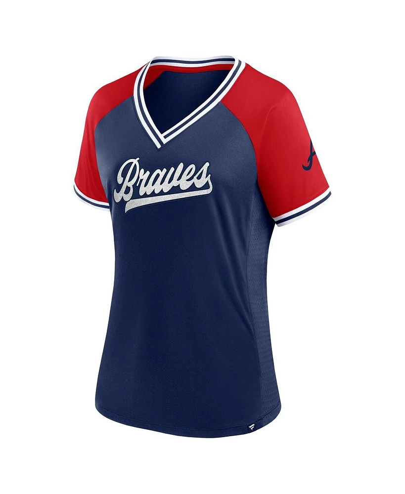 Women's Fanatics Navy Atlanta Braves Glitz and Glam League Diva Raglan V-Neck T-shirt