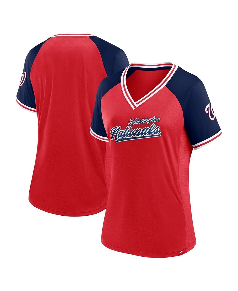 Women's Fanatics Red Washington Nationals Glitz and Glam League Diva Raglan V-Neck T-shirt