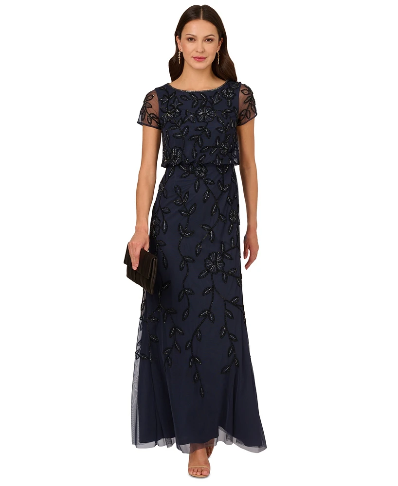 Adrianna Papell Petite Floral Beaded Blouson Short-Sleeve Gown