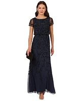 Adrianna Papell Petite Floral Beaded Blouson Short-Sleeve Gown
