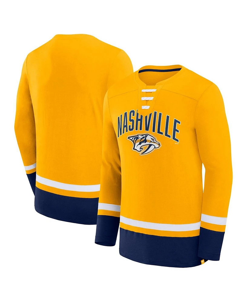 Men's Fanatics Gold Nashville Predators Back Pass Lace-Up Long Sleeve T-shirt