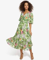 kensie Women's Floral-Print Balloon-Sleeve Maxi Dress