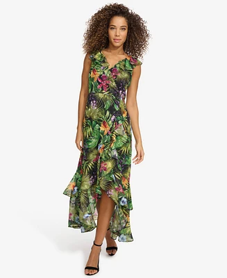 kensie Women's Floral-Print Chiffon Ruffled Maxi Dress