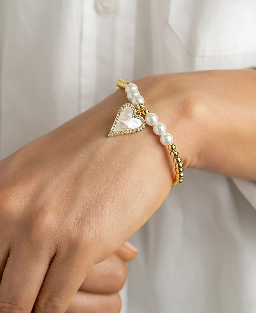 Adornia 14K Gold-Plated Stretch Pearl Bracelet with Mother-of-Pearl Halo Heart