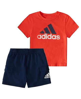 adidas Baby Boys Short Sleeve T Shirt and French Terry Cargo Shorts, 2 Piece Set